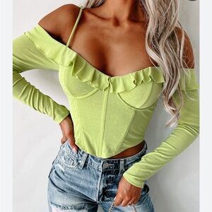 White Fox Boutique‎ Lime Green Off Shoulder Long Sleeve Corset Crop Top Size S
